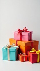 Fototapeta premium Pile of vibrant wrapped presents, white backdrop, retail, background