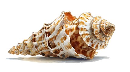 Obraz premium Intricate Conch Shell on White Background / 白背景の複雑な模様の巻貝