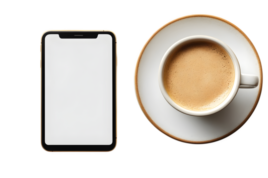 Blank tablet, smartphone and coffee cup, top view isolated on white background