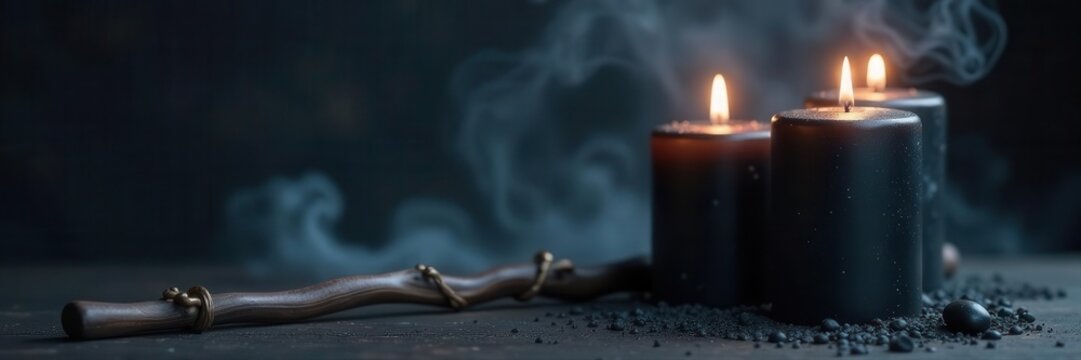 Three black candles flank a carved wooden staff; smoke swirls , dark art, gothic - Powered by Adobe
