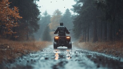 Extreme ATV quad biking in rainy forest during off-road adventure with dirt and water splashes. 