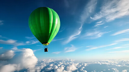 A vibrant green sentinel adrift in the cerulean expanse, surveying a fluffy white kingdom. Symbolizes aspiration, escape, and boundless horizons.