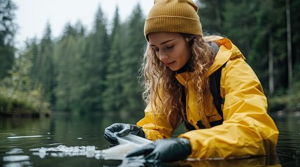 Female biologist collecting water samples from lake for environmental testing and quality analysis 