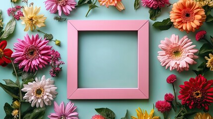 Fresh blooming flowers in various colors, placed around an empty pink photo frame 