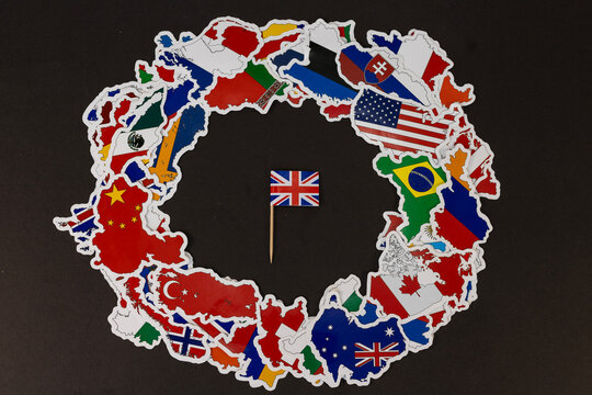 Map Flags Circle with British Flag in Center on Black Background - Powered by Adobe