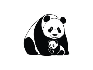 silhouette vector of panda and cub isolated with white background 