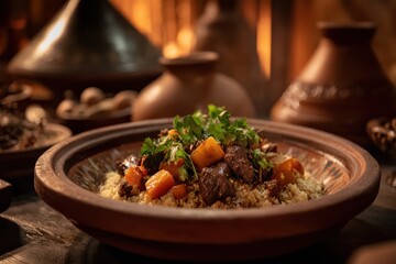 A rustic Moroccan tagine with couscous, tender meat, carrots, and fresh herbs, served in a traditional earthenware dish with pottery in the background