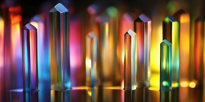A vibrant display of reflective crystal prisms against a colorful blurred background creating an abstract scene