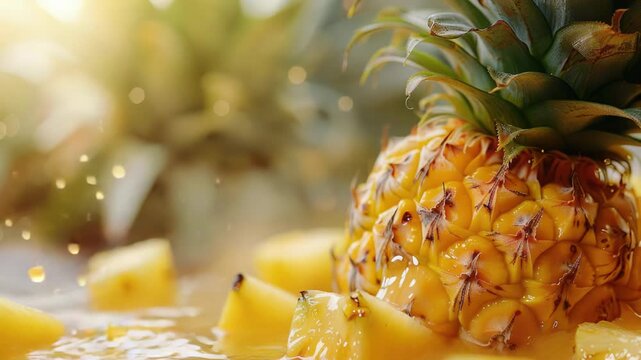 A fresh pineapple slice on a wooden table