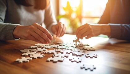 Two Hands Assembling Puzzle Pieces on a Wooden Table in Warm Light