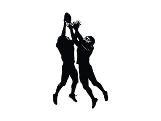 silhouette of American football players fighting for the ball in the air isolated with white background 
