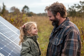 Fototapeta premium Father showing his little daughter solar photovoltaics panels and explaining how they work, emphasizing alternative energy, saving resources, and sustainable living practices, Generative AI