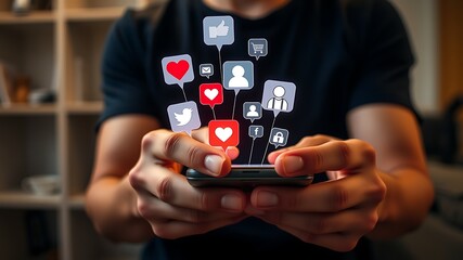 Person holding smartphone with social media icons engagement