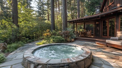 Forest retreat patio with jacuzzi, natural stones, and towering pine trees for a tranquil atmosphere. 