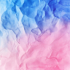 Crumpled paper texture with blue to pink watercolor gradient, abstract artistic background with soft pastel tones
