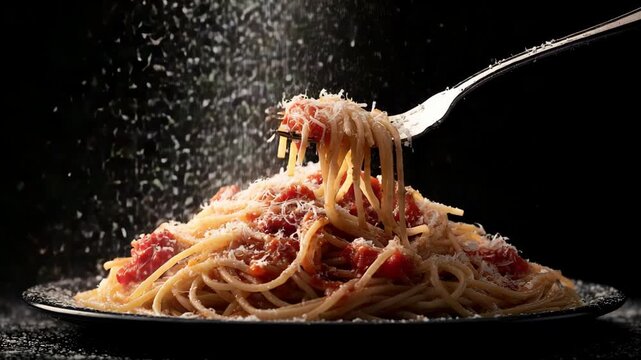 Delicious spaghetti carbonara with parmesan cheese falling, 4k video