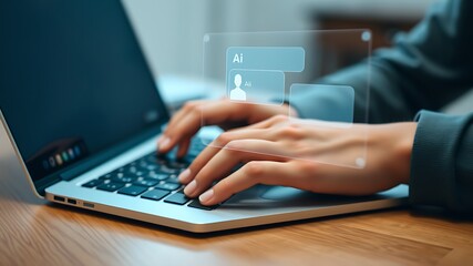 Person typing on laptop with ai chat interface keyboard hands