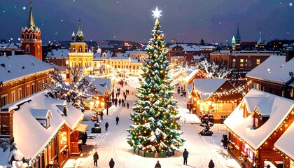 Aerial View Illustration of European City with Christmas Lights and Decorations on Snowy Night.