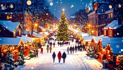 Aerial View Illustration of European City with Christmas Lights and Decorations on Snowy Night.