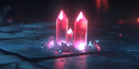 A cluster of three glowing pink crystals on a dark surface with shards around the base area