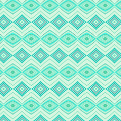 Geometric seamless pattern with diamond shapes in mint green tones. Repeating tribal-inspired design perfect for textiles, wallpapers, or digital art.