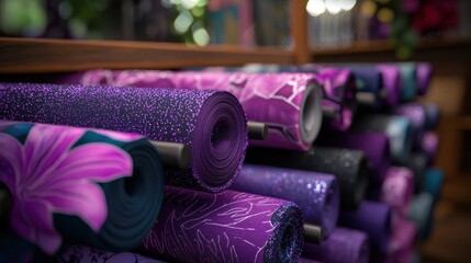 Selection of luxurious purple patterned fabrics rolled and stacked on shelving unit
