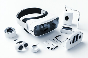Virtual reality headset disassembled showing components parts and accessories