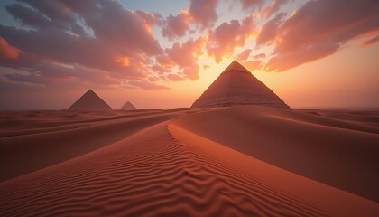 Pyramids at sunset in the desert sand