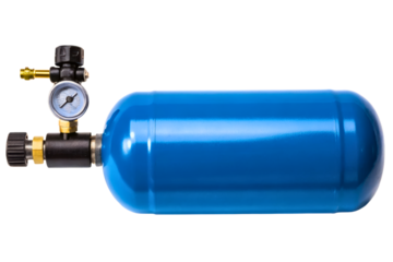 Blue compressed air tank with pressure gauge and valve assembly isolated with transparent background