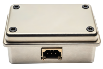 Small metal electronics enclosure with a multi-pin connector port isolated with transparent background