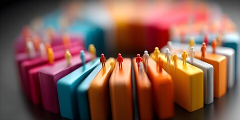 Colorful miniature figures on vibrant blocks representing community