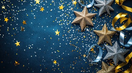 Flat lay of silver and gold stars with ribbons on a blue background, perfect for festive decorations 