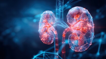 Digital illustration of human kidneys with glowing neural networks, representing advanced medical technology and kidney health diagnostics