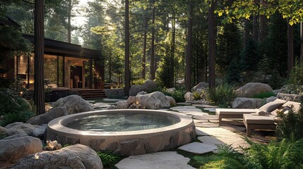 Forest retreat patio with jacuzzi, natural stones, and towering pine trees for a tranquil atmosphere. 