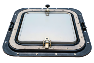 Rectangular metal hatch door with multiple locking latches and bolts isolated with transparent background