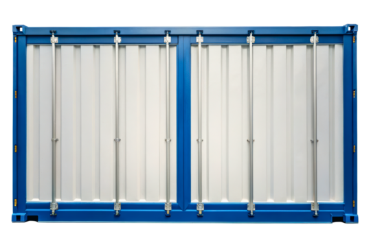 Rear view of a closed blue cargo shipping container with doors isolated with transparent background - Powered by Adobe