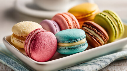 Colorful assorted macarons on ceramic plate in bright daylight