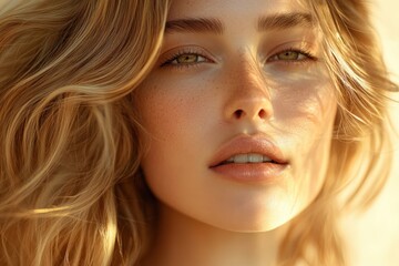 Naklejka premium Close-up portrait of a woman with beautiful golden hair and flawless skin.