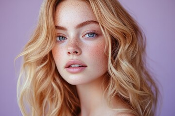 Naklejka premium Close-up portrait of a woman with beautiful blonde hair and natural makeup.
