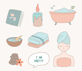 Cute spa doodle cartoon collection set. Vector of woman spa wellness and massage like bath, towel, candle in pastel color for asset, material, design, poster