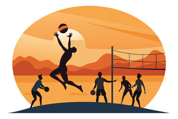 Sunset Beach Volleyball Game with Players Silhouetted Against a Warm Orange Sky