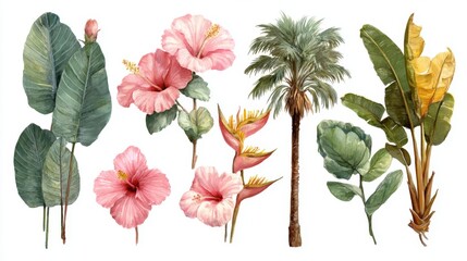 Pink Hibiscus Palm Tree Banana Leaf Botanical Watercolor Illustration