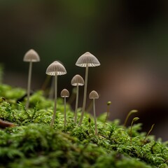 Enchanting Macro: Tiny Mushrooms Sprout from Mossy Rainforest Floor. 8k.