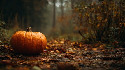 An orange pumpkin sits in a forest clearing with falling leaves with a dark, moody atmosphere.