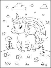 Fototapeta premium Fantasy Unicorn in a Garden Coloring Page for kids. Black and White Art for Kids Who Love Imaginative Scenes