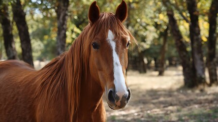 Naklejka premium Chestnut Horse Portrait in Forest Setting / 森の中の栗毛の馬のポートレート