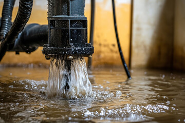 Water pump submerged in murky water discharging fluid