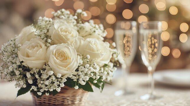 Elegant white rose bouquet with champagne glasses and bokeh lights - Powered by Adobe