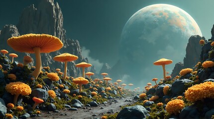 Fantasy landscape with orange mushrooms and a large moon
