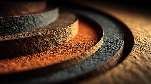 Concentric circles of textured stone, brown, gray, and gold, create a minimalist, abstract, three-dimensional composition